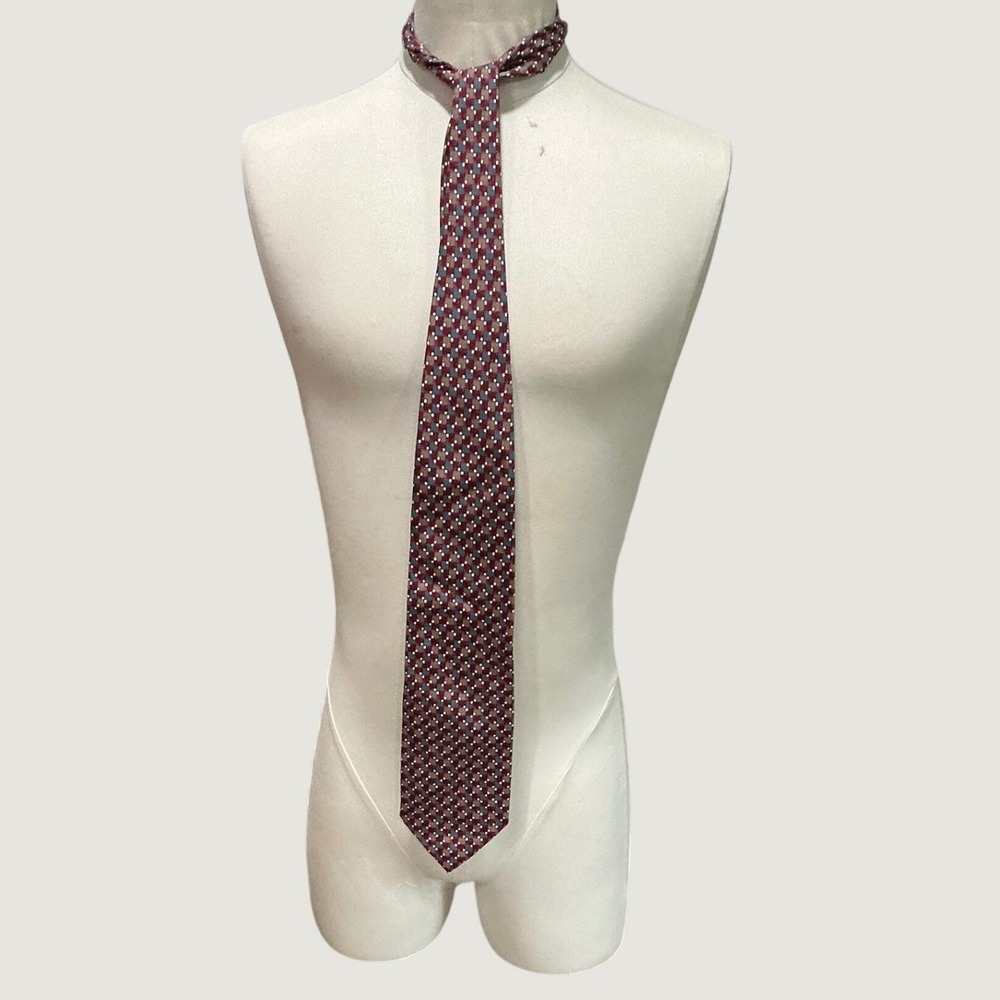 Ed Mitchell of Westport Mens Geometric Silk Tie Burgundy Blue Grey Mosaic Print